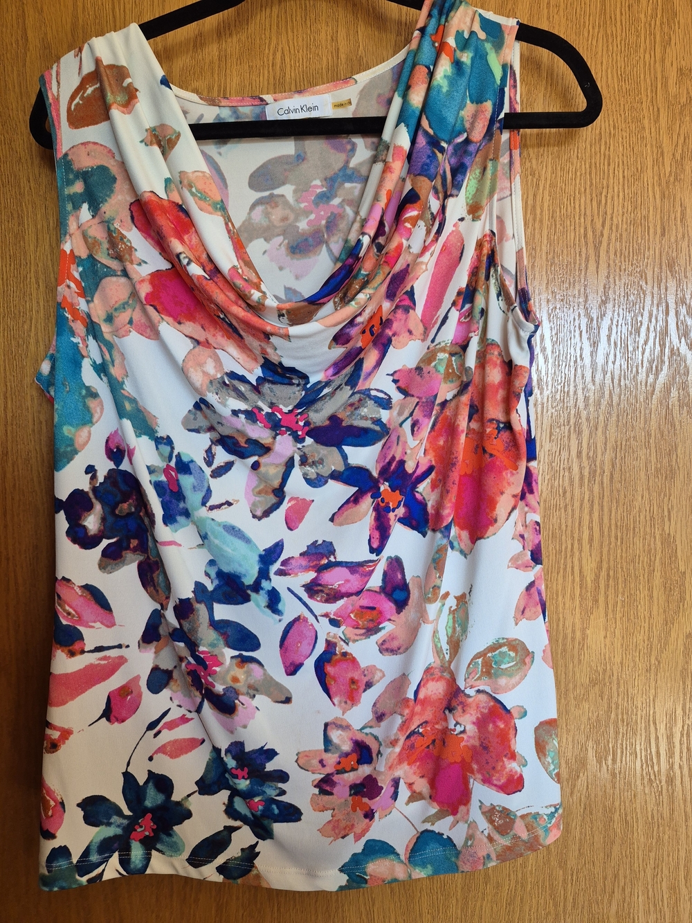 Calvin Klein White Floral Cowl Neck Blouse with Multicolor Watercolor Print